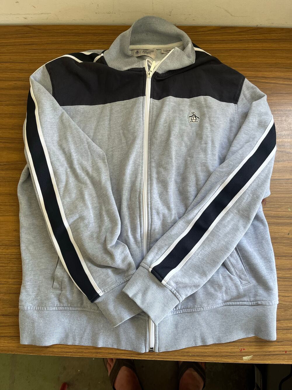 Original Penguin grey full zip track jacket with black yoke and striped sleeves,